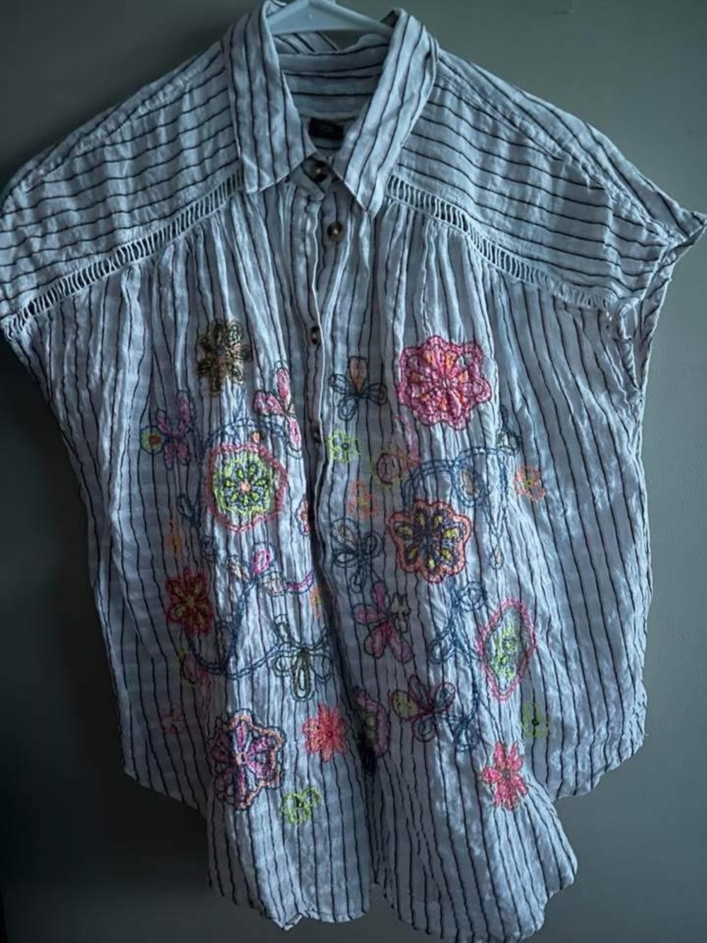 Anthropologie White Striped Button Front Top with Multicolor Floral Embroidery